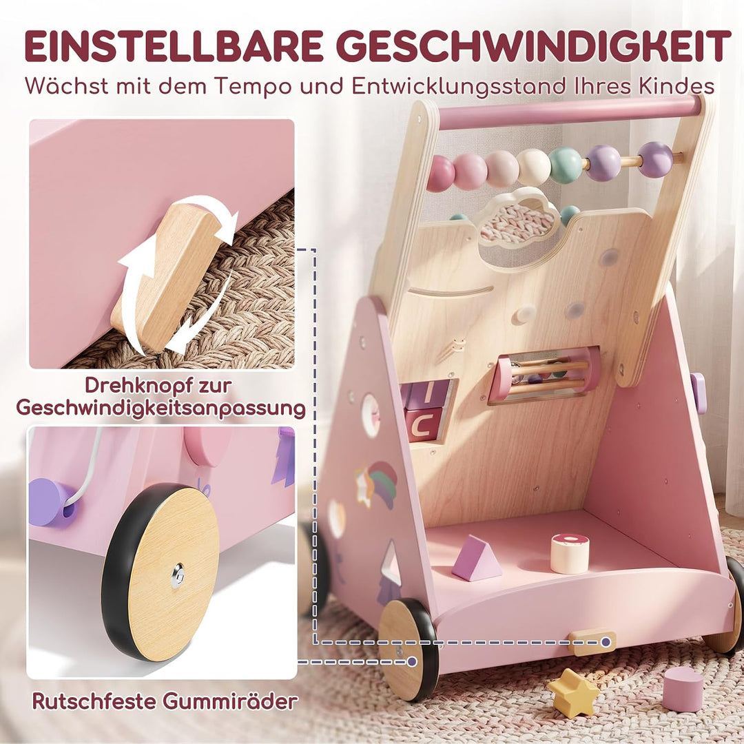 Lehoo Castle Lauflernwagen Holz mit Bremse, Einhorn Laufwagen ab 1 Jahr | Einstellbare Bremse, 10-in