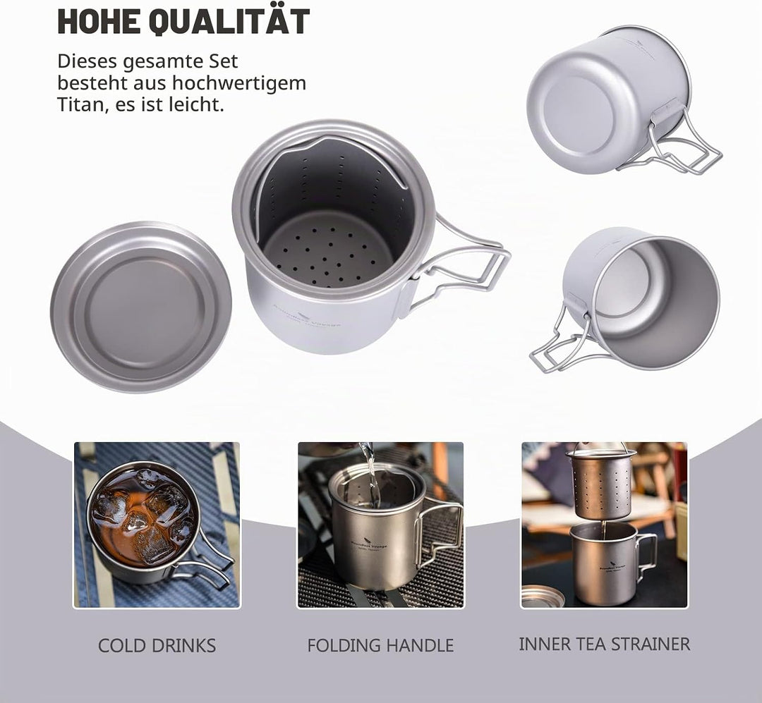 iBasingo 420ml / 14.2 fl oz Titan Becher mit Teesieb und Deckel Leichte Tasse mit Filter Outdoor Cam