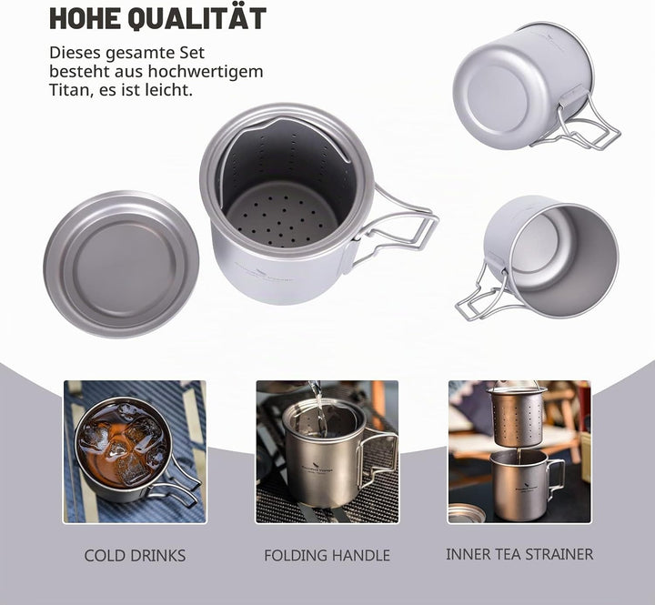 iBasingo 420ml / 14.2 fl oz Titan Becher mit Teesieb und Deckel Leichte Tasse mit Filter Outdoor Cam