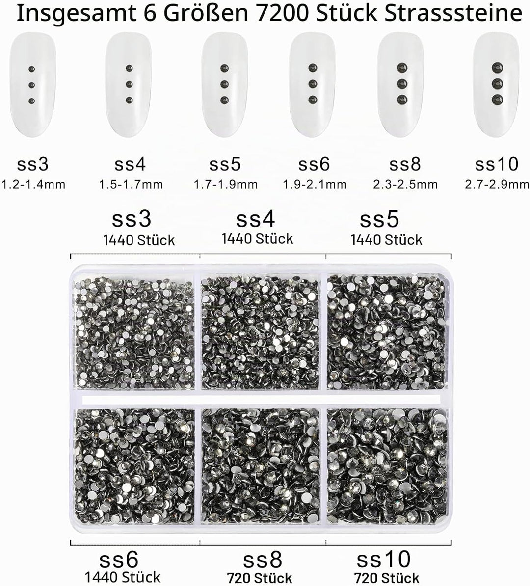 Beadsland 7200pcs Flatback Strasssteine für Nagel,Graue Strasssteine Kristall Runde Edelsteine für K
