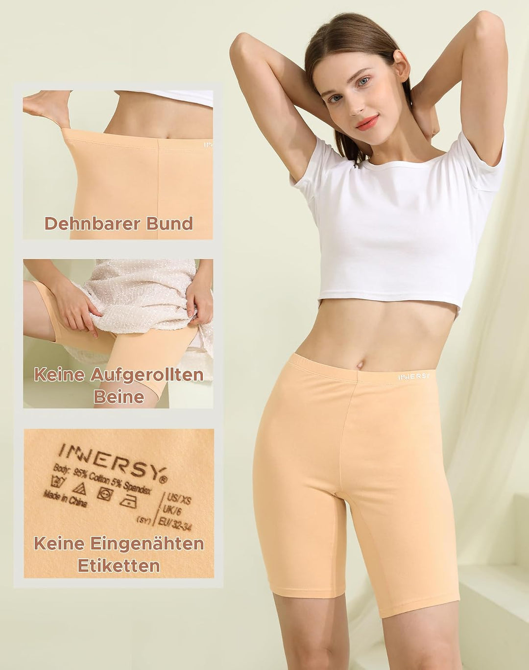 INNERSY Radlerhose Damen Baumwolle Lange Unterhose Anti Scheuern Kurze Hose Unter Kleid 3er Pack, Be