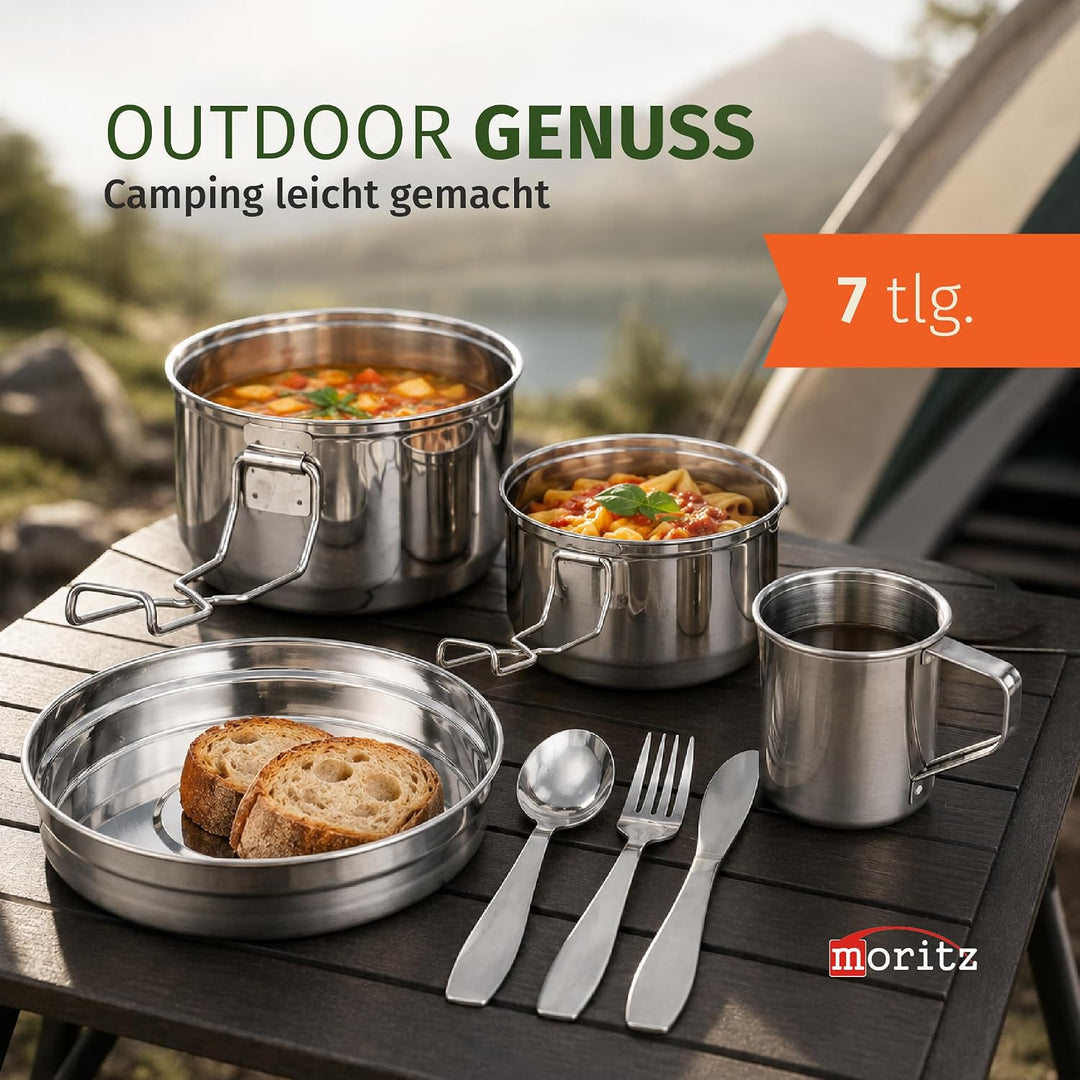 Moritz Camping Kochgeschirr Set 7-teilig Edelstahl - Topf Becher Besteck | Für 1-2 Personen, stapelb