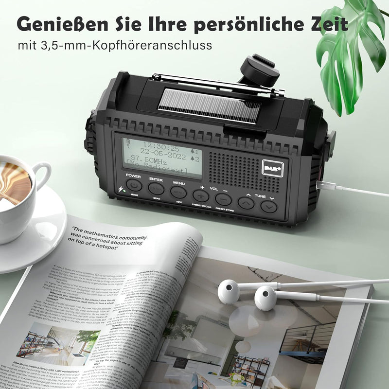 Kurbelradio DAB/UKW, Tragbare Solar Radio mit LED Taschenlampe & Leselicht, DAB+/FM Dynamo Radio IPX