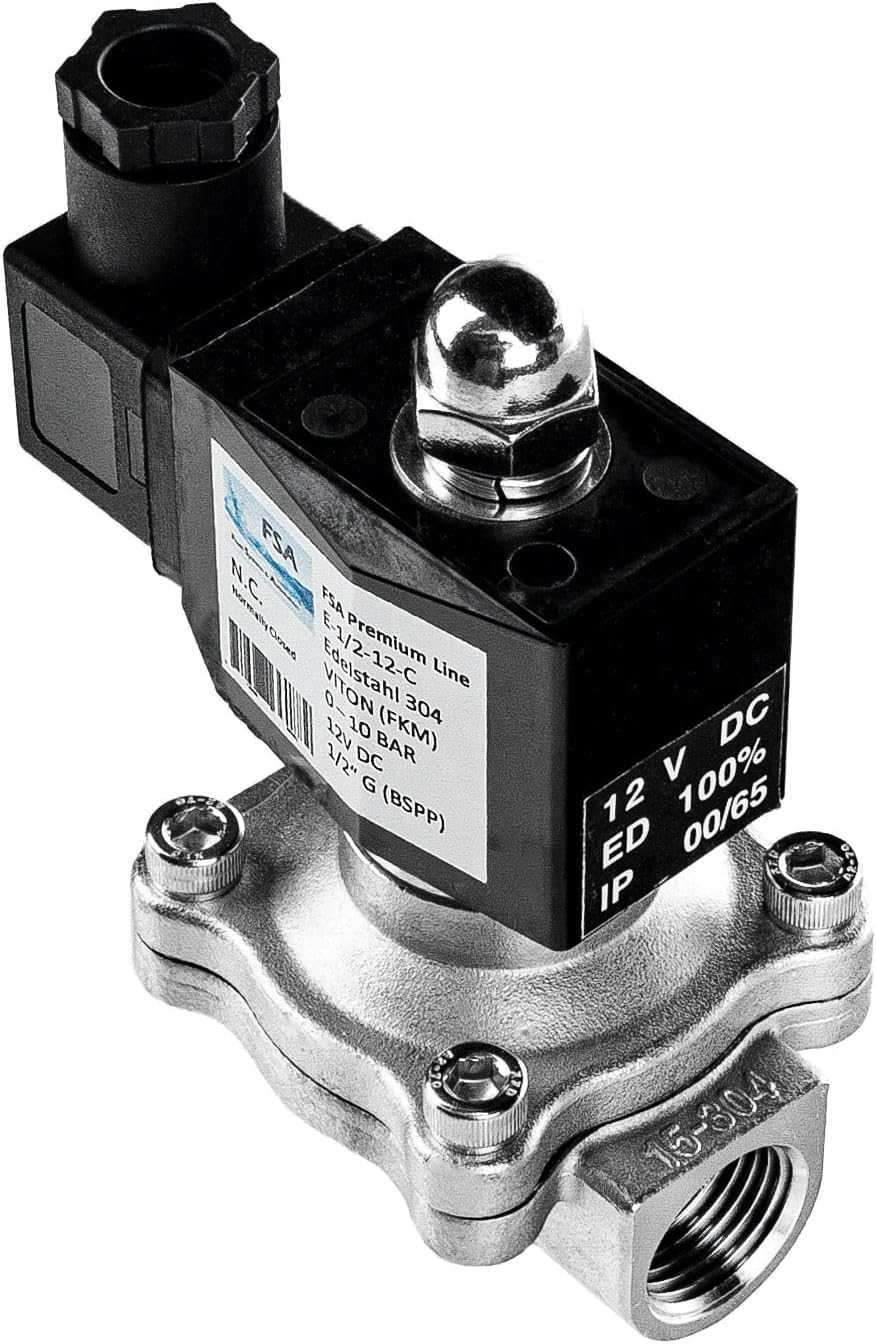 FSA Magnetventil Edelstahl 304 1/2" 12V DC 0-10 bar Viton stromlos geschlossen, 1/2" 12v DC