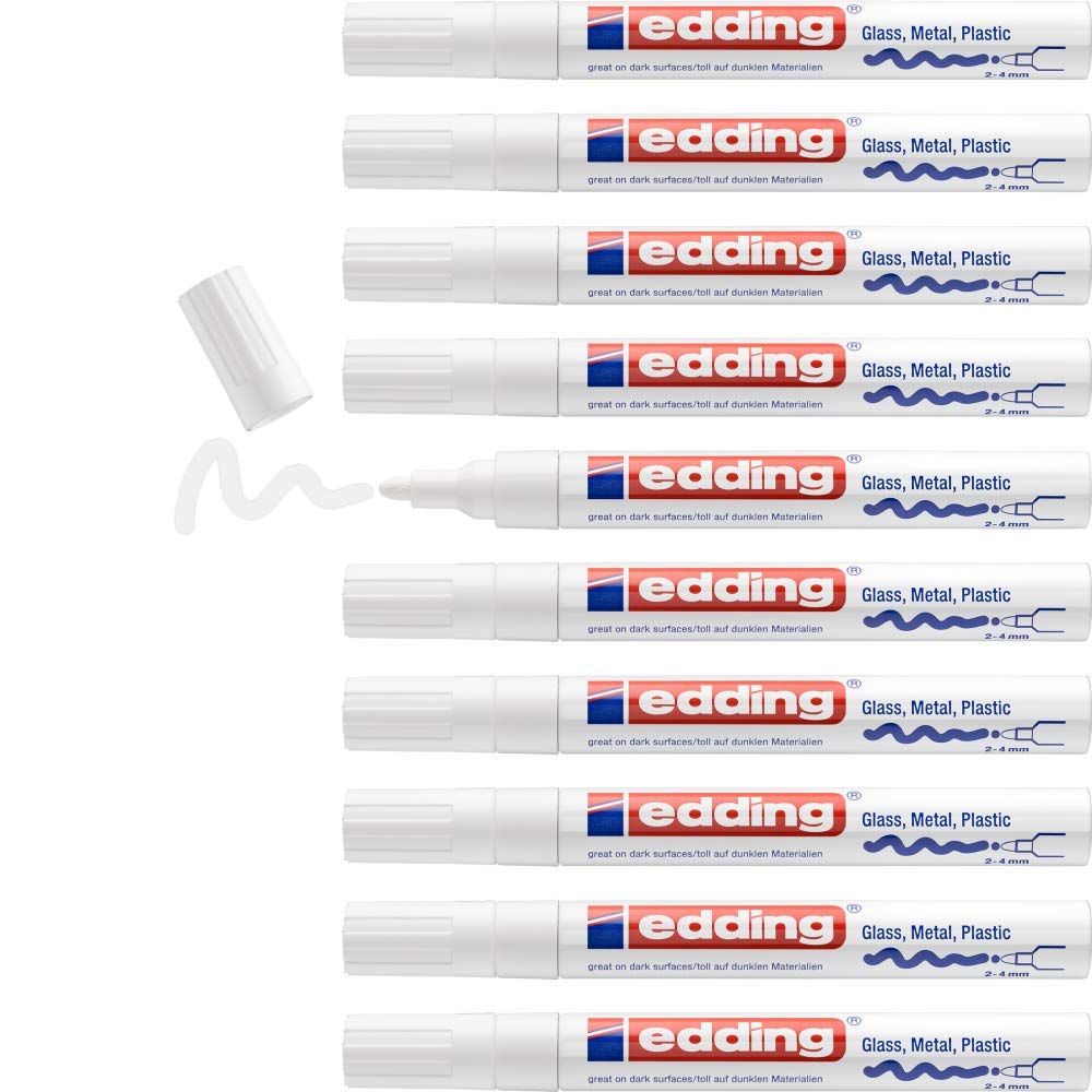 edding 750 Glanzlackmarker - weiss - 10 Lackmarker - Rundspitze 2-4 mm - Lackstift für Glas, Stein,