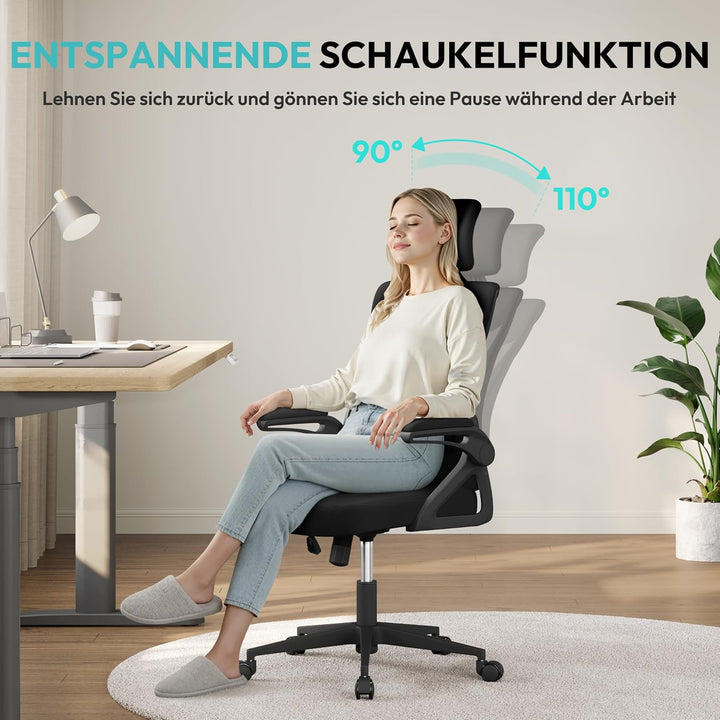 Yaheetech Bürostuhl Ergonomisch, Schreibtischstuhl mit Hochklappbaren Armlehnen, Drehstuhl mit Rücke