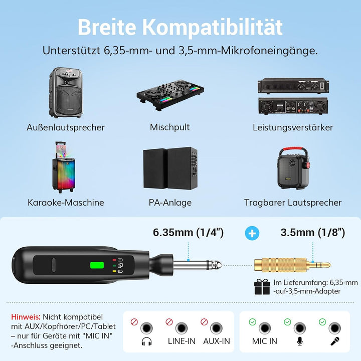 TONOR 2.4G Mikrofon Kabellos, wiederaufladbares Funkmikrofon Set mit 6,35/3,5 mm Empfänger, 15 m Rei