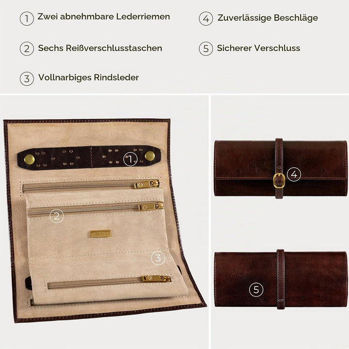Time Resistance Braun Leder Schmuck Organizer – 100% Leder Schmuckrolle für Reisen Hergestellt in It