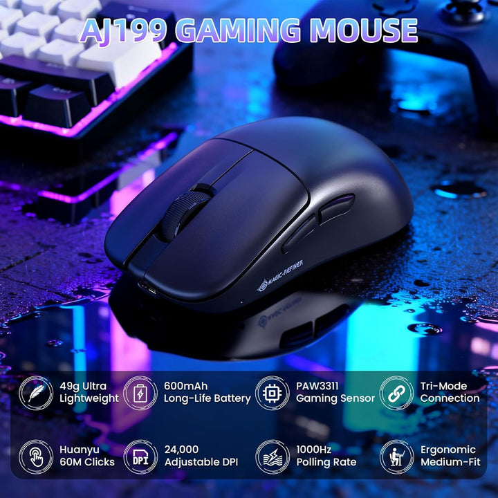 ZIYOU LANG×MAGIC-REFINER AJ199 Kabellose Gaming Maus Leicht, 49g Tri-Modus 2.4G/BT/Kabel, PixArt PAW