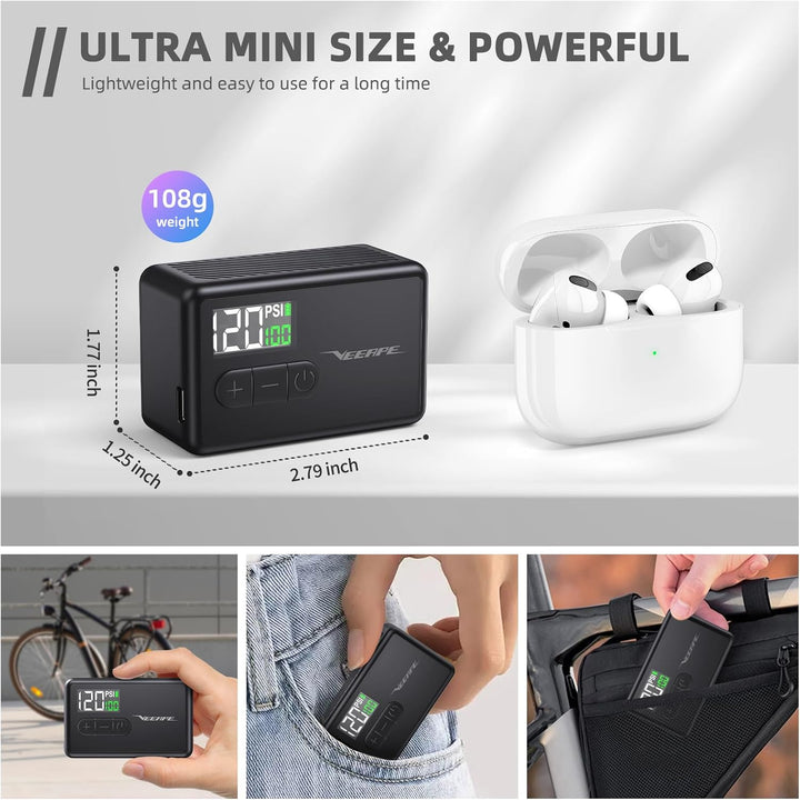 VEEAPE Tiny Pump Mini Fahrradluftpumpe, 120 PSI Elektrische Fahrradluftpumpe, Tragbare Fahrradpumpe
