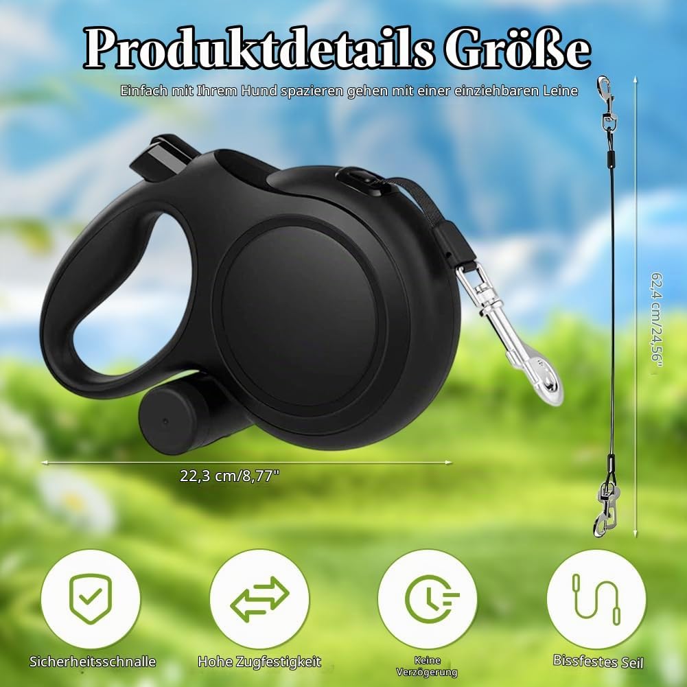 Einziehbare Hundeleine 8m, 360° Anti Verwicklungs Design, Rollleine mit Beissschutz und Kotbeutelspe