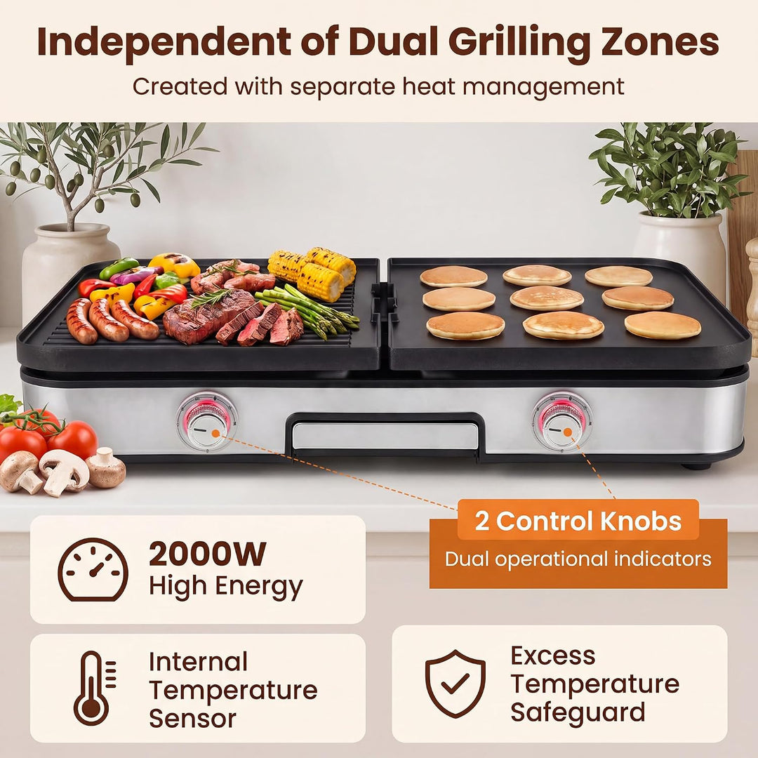 LIFEZEAL Tischgrill 48 x 31 cm, Elektrogrill 2000 W, Elektrischer Plattengrill Indoor mit 2 wendbare