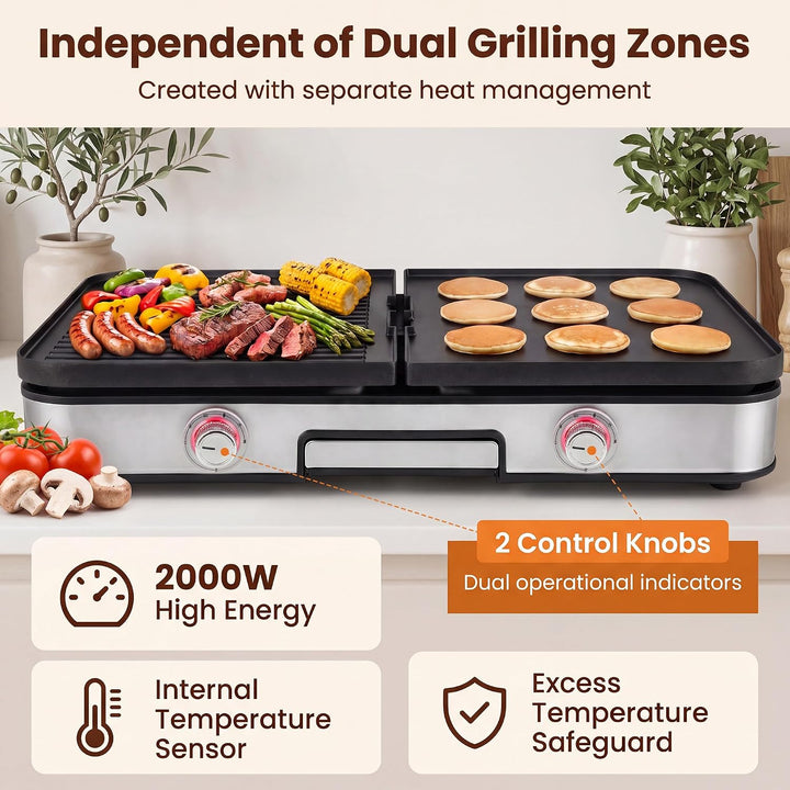 LIFEZEAL Tischgrill 48 x 31 cm, Elektrogrill 2000 W, Elektrischer Plattengrill Indoor mit 2 wendbare