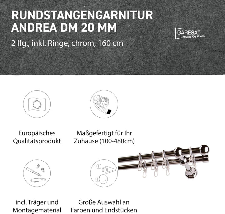Garesa Gardinenstange Andrea Ø 20mm, 2-läufig, Chrom I Stabile Vorhangstange inkl. Ringe + Faltenleg