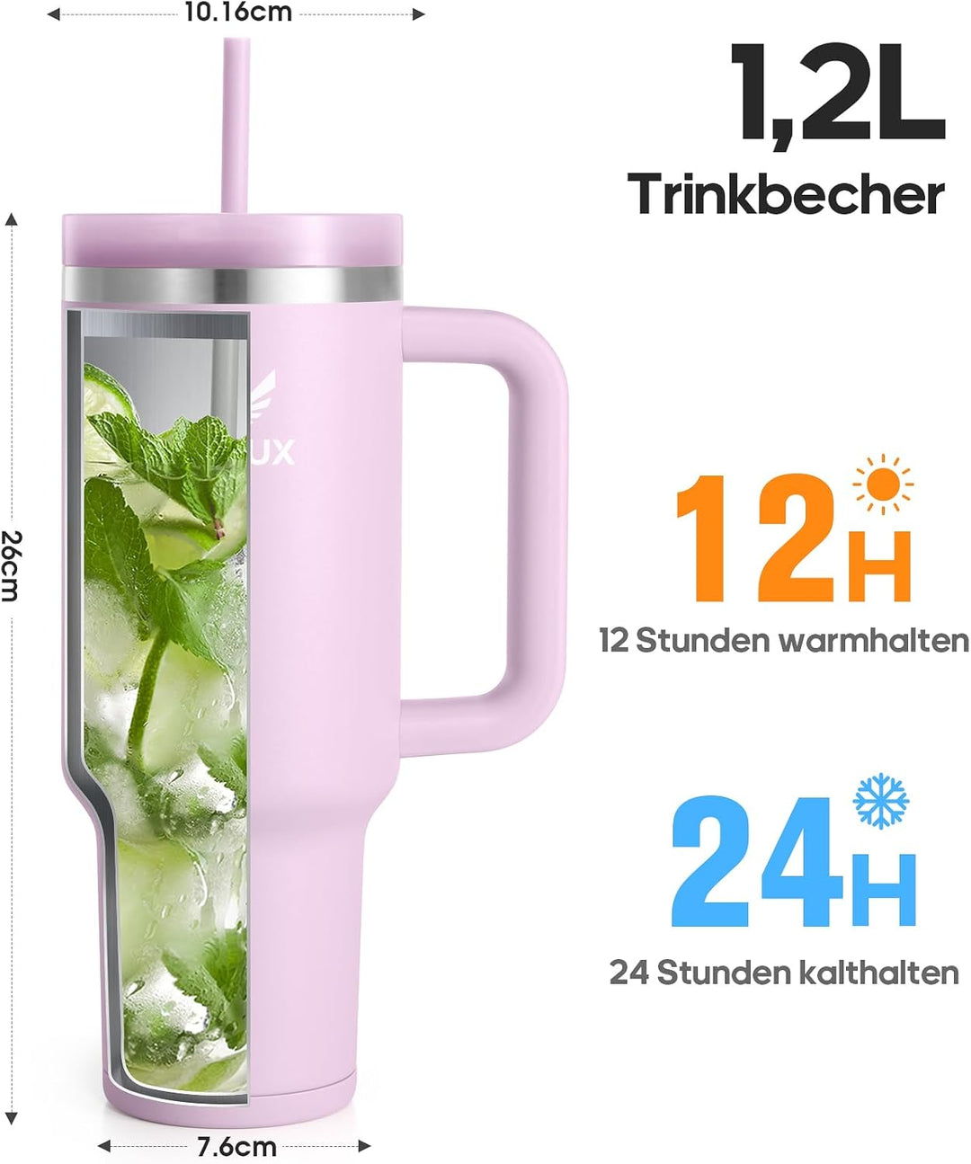 Trinkflasche mit Strohhalm 1.2L - Thermobecher mit Henkel auslaufsicher - Doppelwandige Vakuumisolie