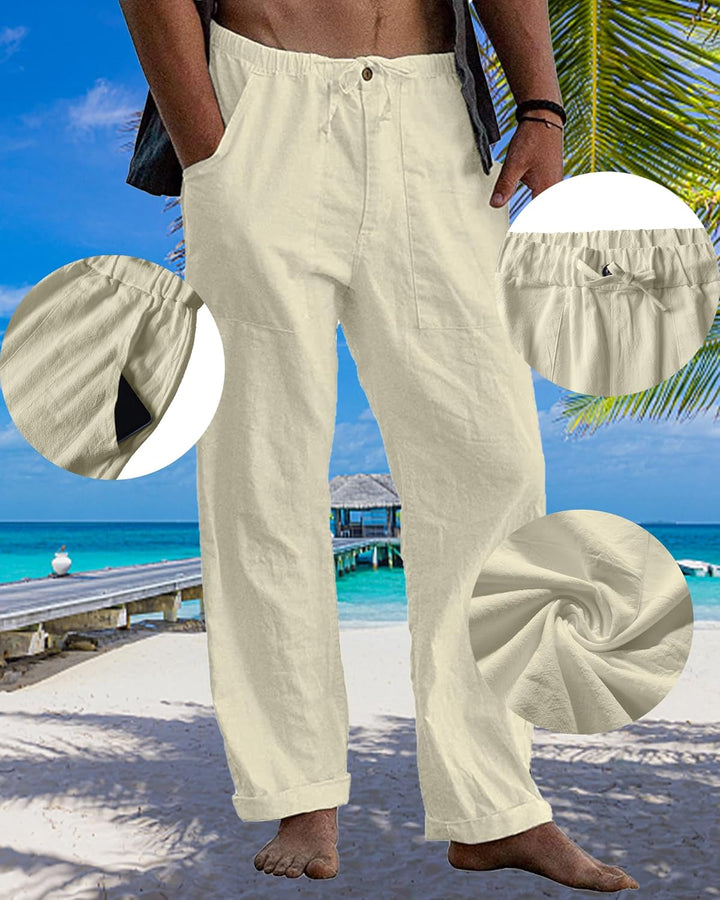 LVCBL Leinenhose Herren Sommer Herbst Lose Lässige Leinenhose mit Taschen Elastischer Bund M Beige,