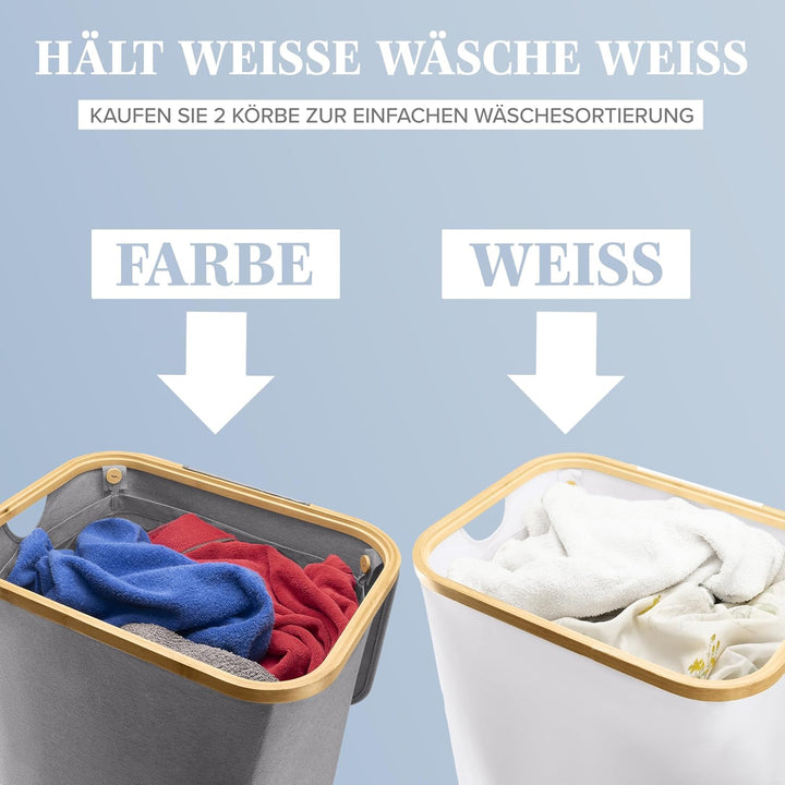Lonbet - Wäschekorb mit Deckel Gross - XL 100 Liter - Wäschekorb Holz Bambus - Wäschesammler Grau mi