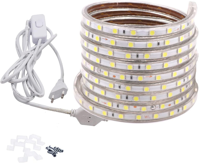 FOLGEMIR 12m Kalt Weiss LED Band mit Schalter, 220V 230V Lichtleiste, 60 Leds/m Strip, IP65 Lichtsch