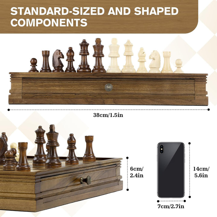 Peradix 38CM/15IN Magnetisch Schachspiel mit Dame aus Holz, 2 in 1 Schachbrett mit Lagerschublade un