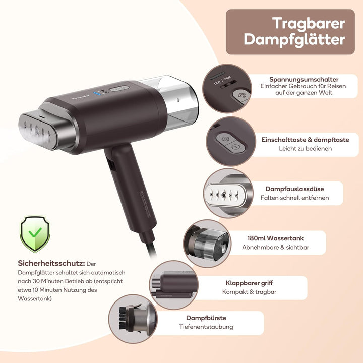Newbealer Dampfglätter mit umschaltbarer Spannung - 220V/120V, kompaktes und faltbares Reisebügeleis