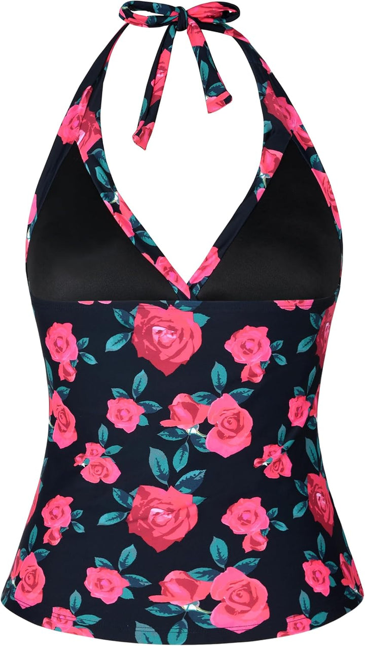 Hilor Women's Plunging V Neck Halter Swim Tops Shirred Tankini Top New Version Red Rose 12