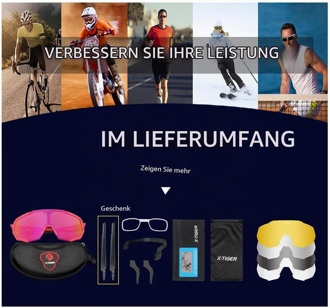 X-TIGER Fahrradbrille, Herren Damen Sportbrille, UV400 mit 5 Wechselgläser,Starker TR90 Frame, mit M