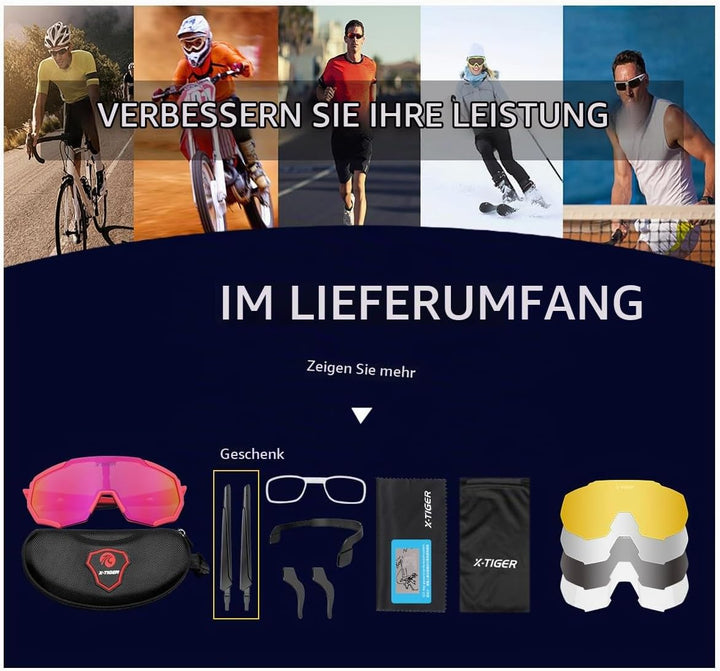 X-TIGER Fahrradbrille, Herren Damen Sportbrille, UV400 mit 5 Wechselgläser,Starker TR90 Frame, mit M