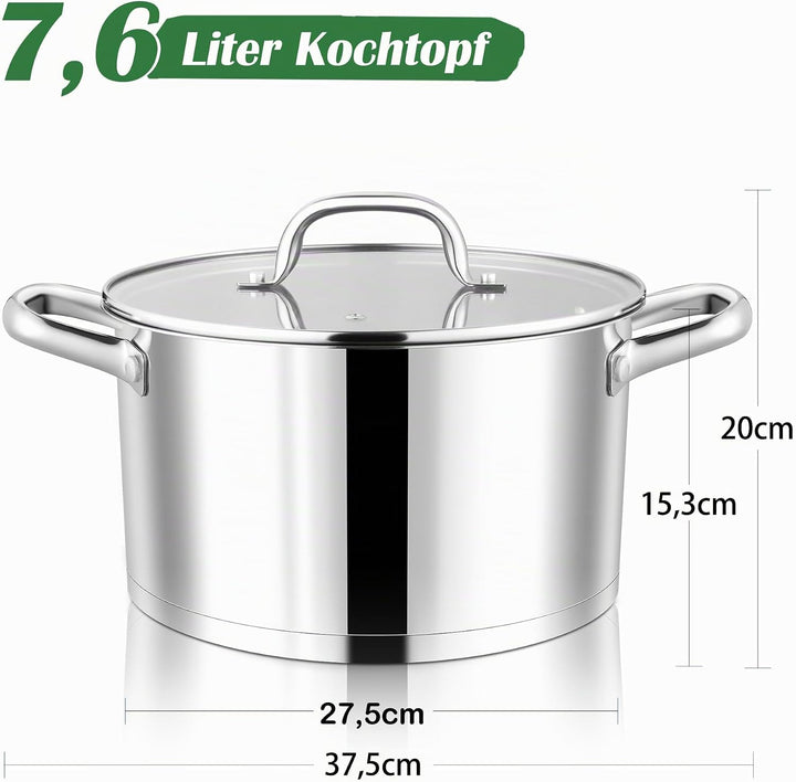 Joyfair Kochtopf, 27,5cm Edelstahl Suppentopf mit Glasdeckel, 3-Lagen Edeastahl Topf Induktion für a