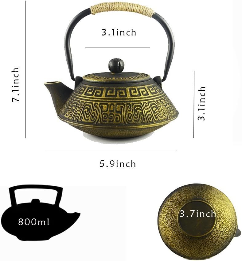 HwaGui-Teekanne Gusseisen Gold Japan Teekannen mit Sieb Infuser für Stövchen, 800ml [MEHRWEG] Altes