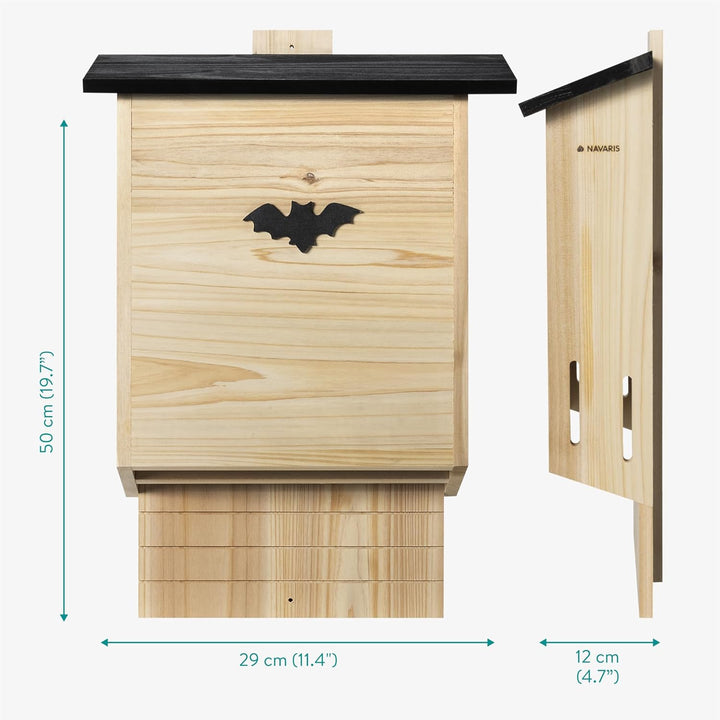 Navaris Fledermauskasten Gross - Geräumig und grosszügig - Aus Massivholz - Schwarzes Dach - Flederm