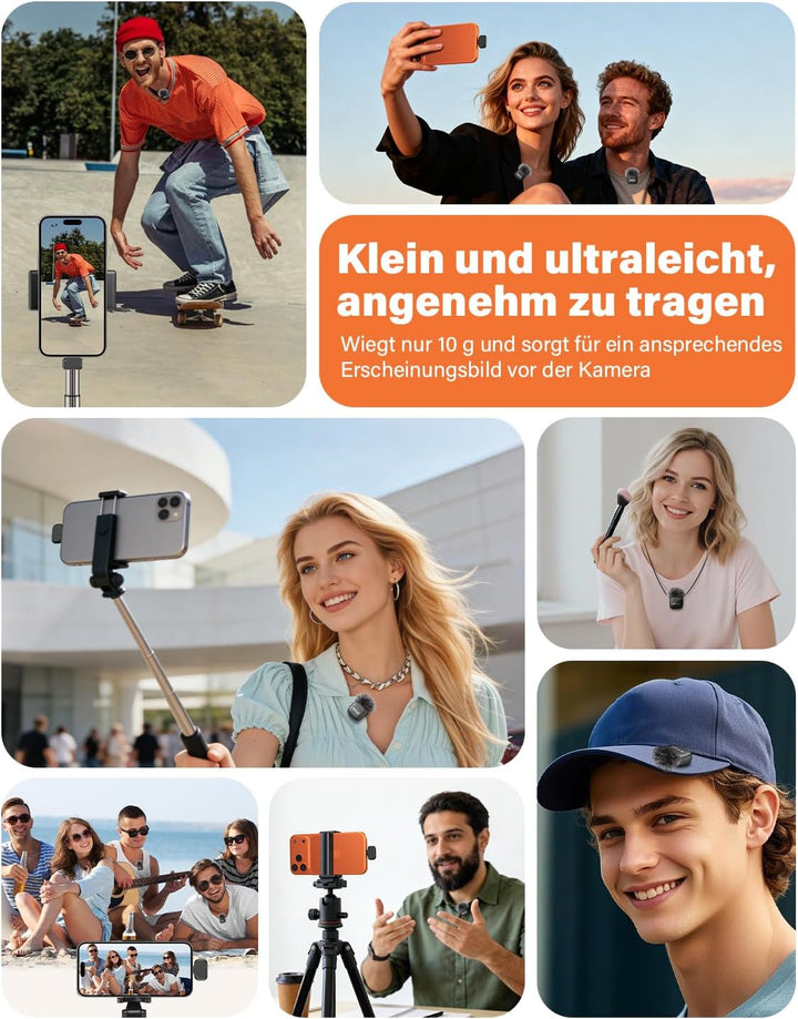 Kabelloses Lavalier Mikrofon, 2er-Pack Mini-Mikrofon mit Rauschunterdrückung, Auto-Pairing und Stumm