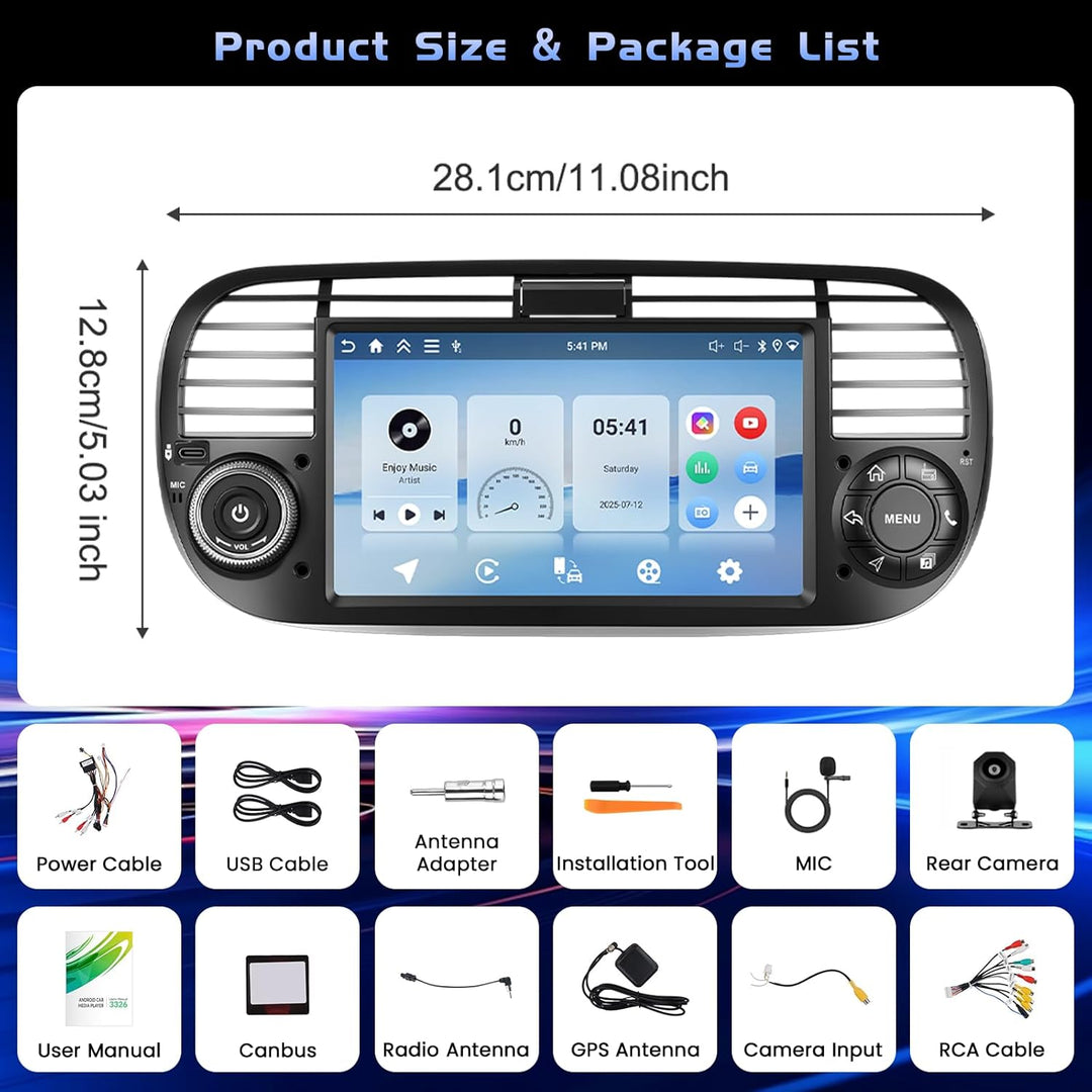 Hikity Android Autoradio mit Navi für FIAT 500 2007-2015 Bluetooth Autoradio mit Bildschirm 7 Zoll T