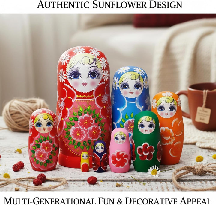 Set mit 7 russischen Nistpuppen, Matroschka-Puppe aus Holz mit Sonnenblumenmuster für Kinder und Erw