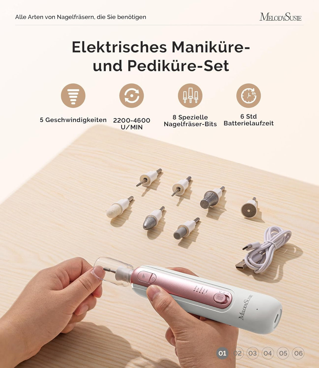 MelodySusie Professionelles Pediküre Set, PC760G 8 in 1 Elektrischer Nagelfräser mit 5 Geschwindigke