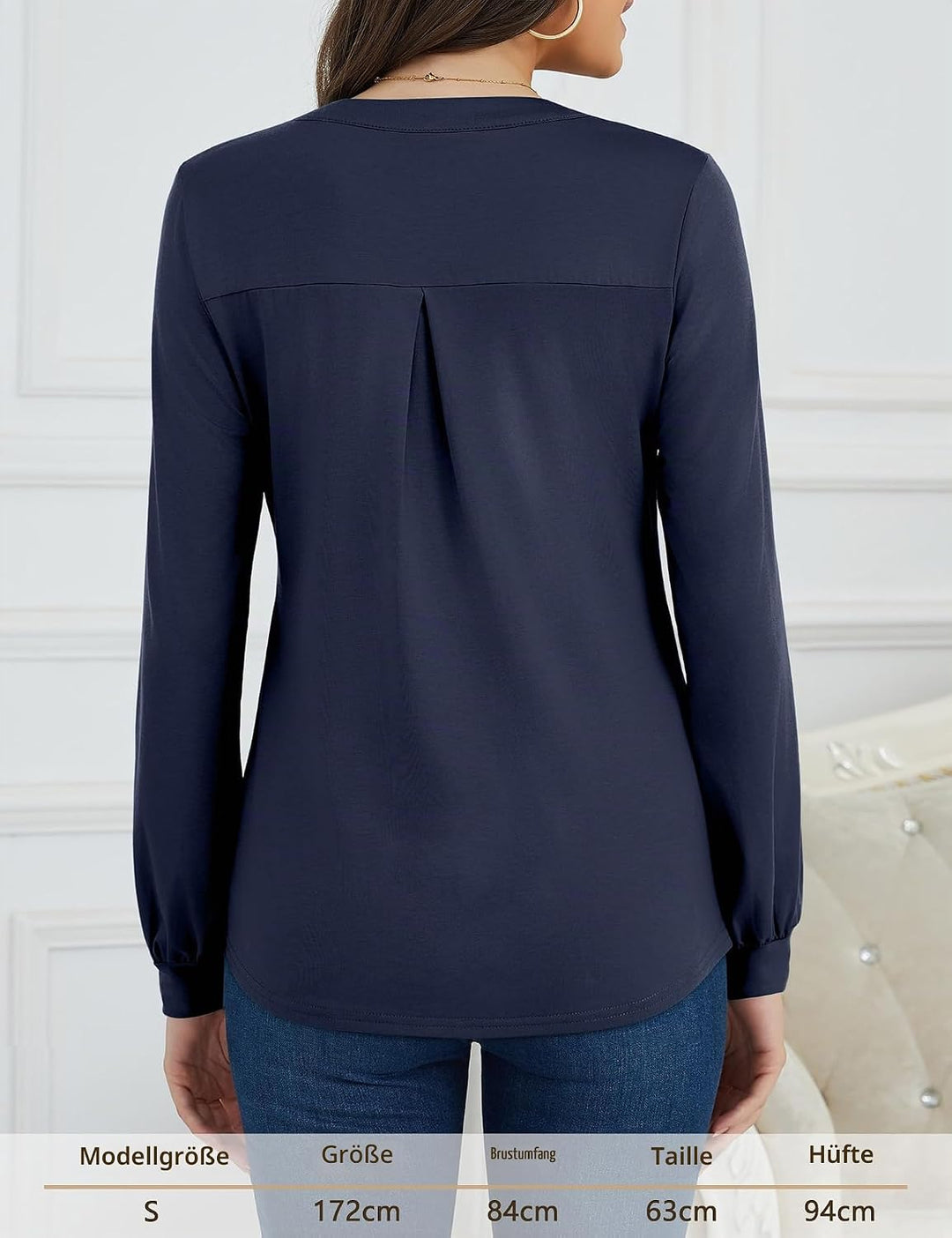 Beluring Langarmshirt Damen Elegant V Ausschnitt Tunika Bluse Einfarbig T-Shirt S Marineblau, S Mari