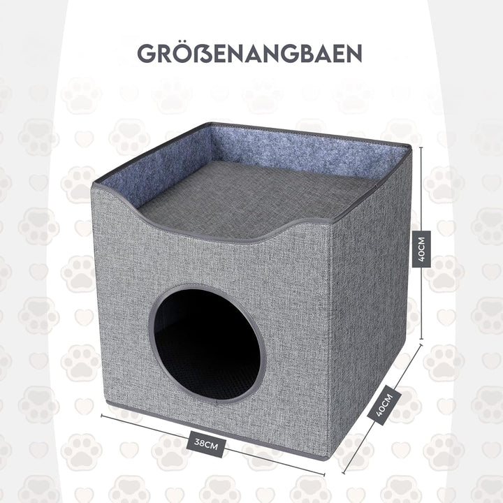 Hausleben Stilvolles Katzenhaus Grau – 40×38×40 cm – inkl. 2 Matratzen & Liegefläche auf dem Dach –