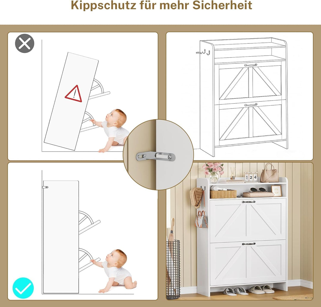 Schuhschrank mit 2 Klappen, Schuhkipper, Schuhschrank Schmal mit Trennwände verstellbar und abnehmba