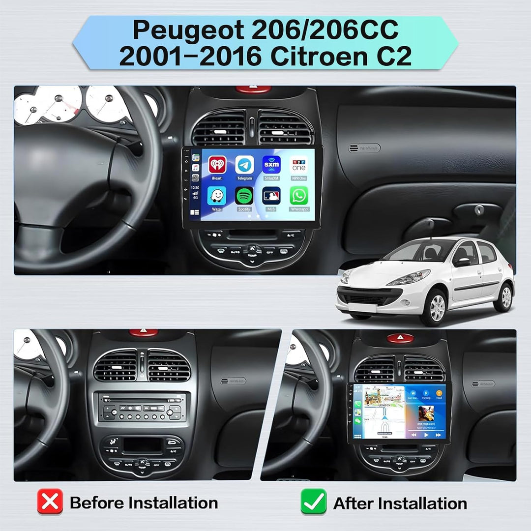 Hikity 2GB+64GB Android 15 Autoradio für Peugeot 206/206CC 2001-2016 Cirteon C2 Radio Wireless CarPl