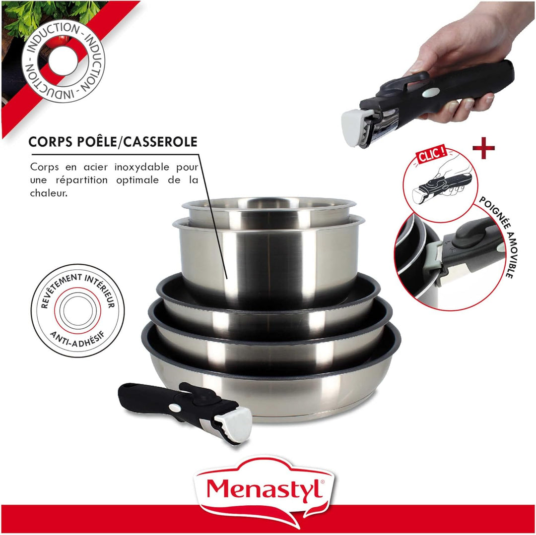 Kochgeschirr-Set - Induktion - MENASTYL - 7930018 - Edelstahl - 6-teilig - Abnehmbarer Griff - Grau
