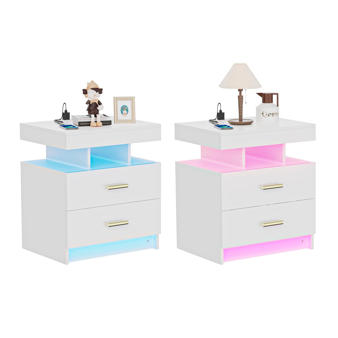 2er Set Nachttisch mit Ladestation, Nachtschrank mit Steckdosen und USB Anschlüsse, Nachttisch mit L