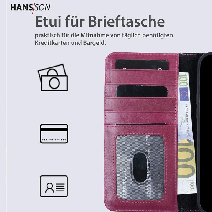 HANS/SON Hülle aus Echtleder mit Kartenfächern | iPhone 12 Pro Max Klapphülle in Magenta | Geldbeute