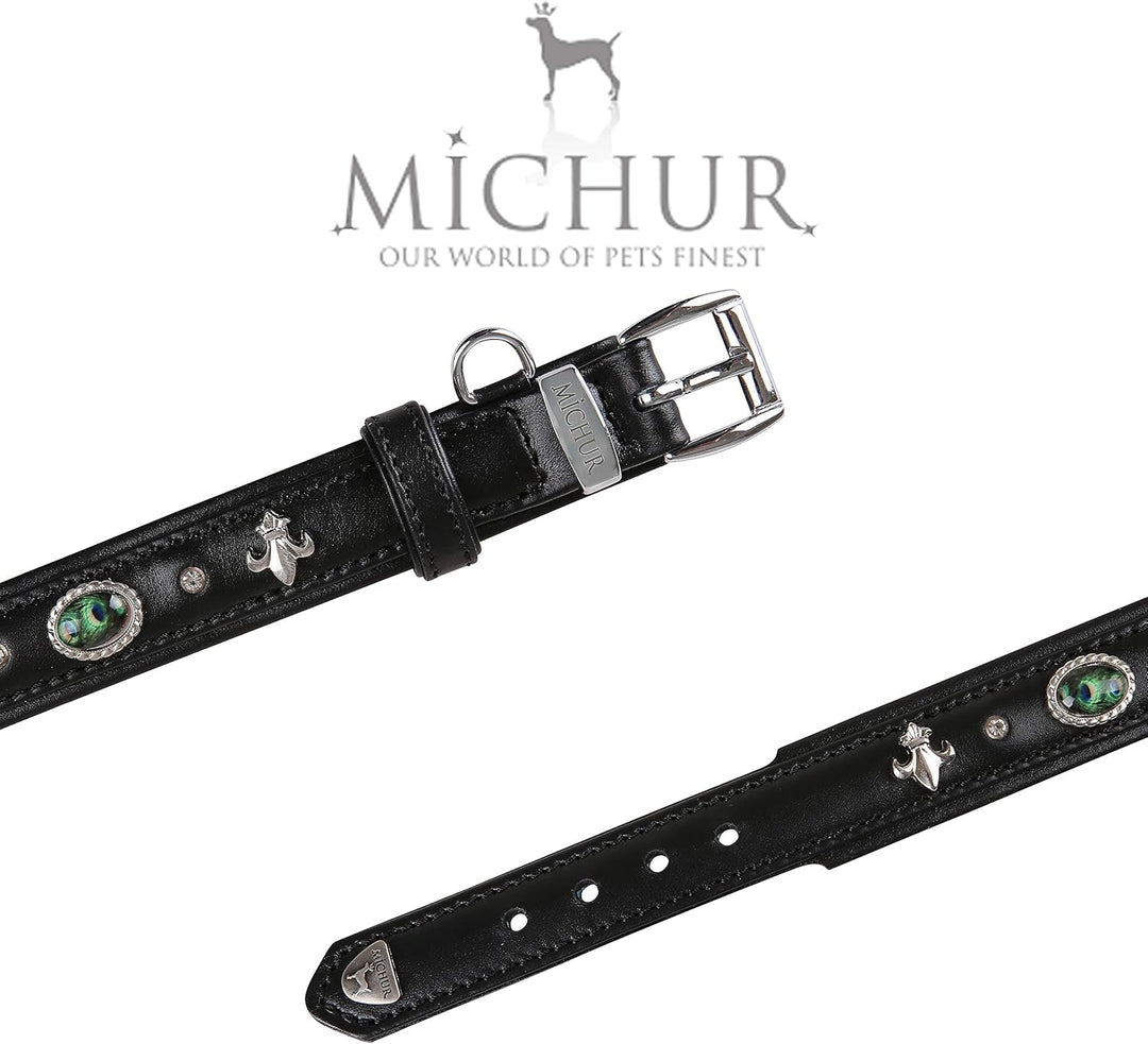MICHUR EL Pavo Hundehalsband Leder, Lederhalsband Hund, Halsband, Schwarz, Leder, mit Lilien, Strass