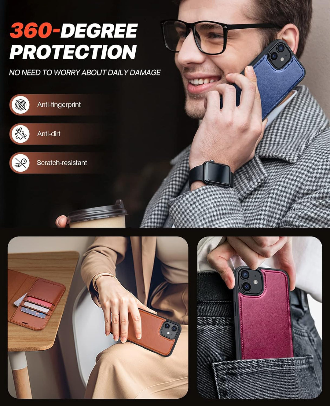 OCASE iPhone 12 Hülle(2in1) Leder Stossfestes Case [Abnehmbare magnetische Hülle] [Kabelloses Laden]