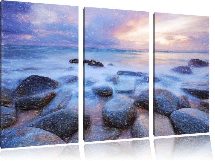 Pixxprint Romantisches Meer Bunstift Effekt 3-Teiler Leinwandbild 120x80 Bild auf Leinwand