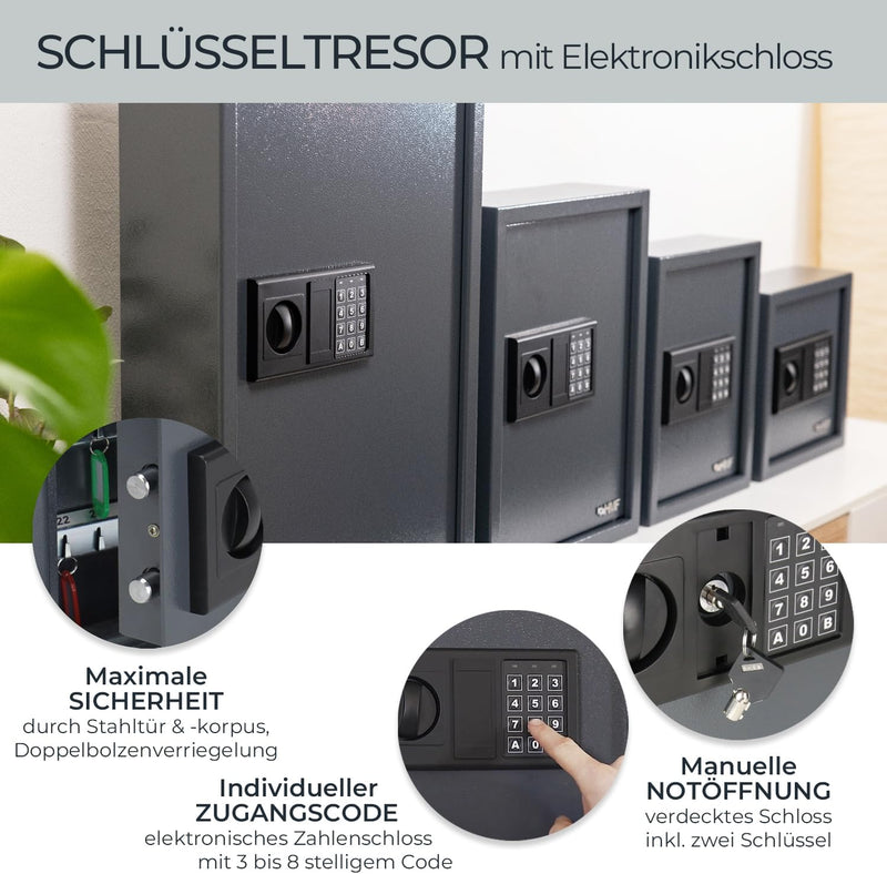 HMF 2071-11 Schlüsseltresor mit Elektronikschloss | 71 Haken | 46 x 36 x 12 cm | Anthrazit 71 Haken