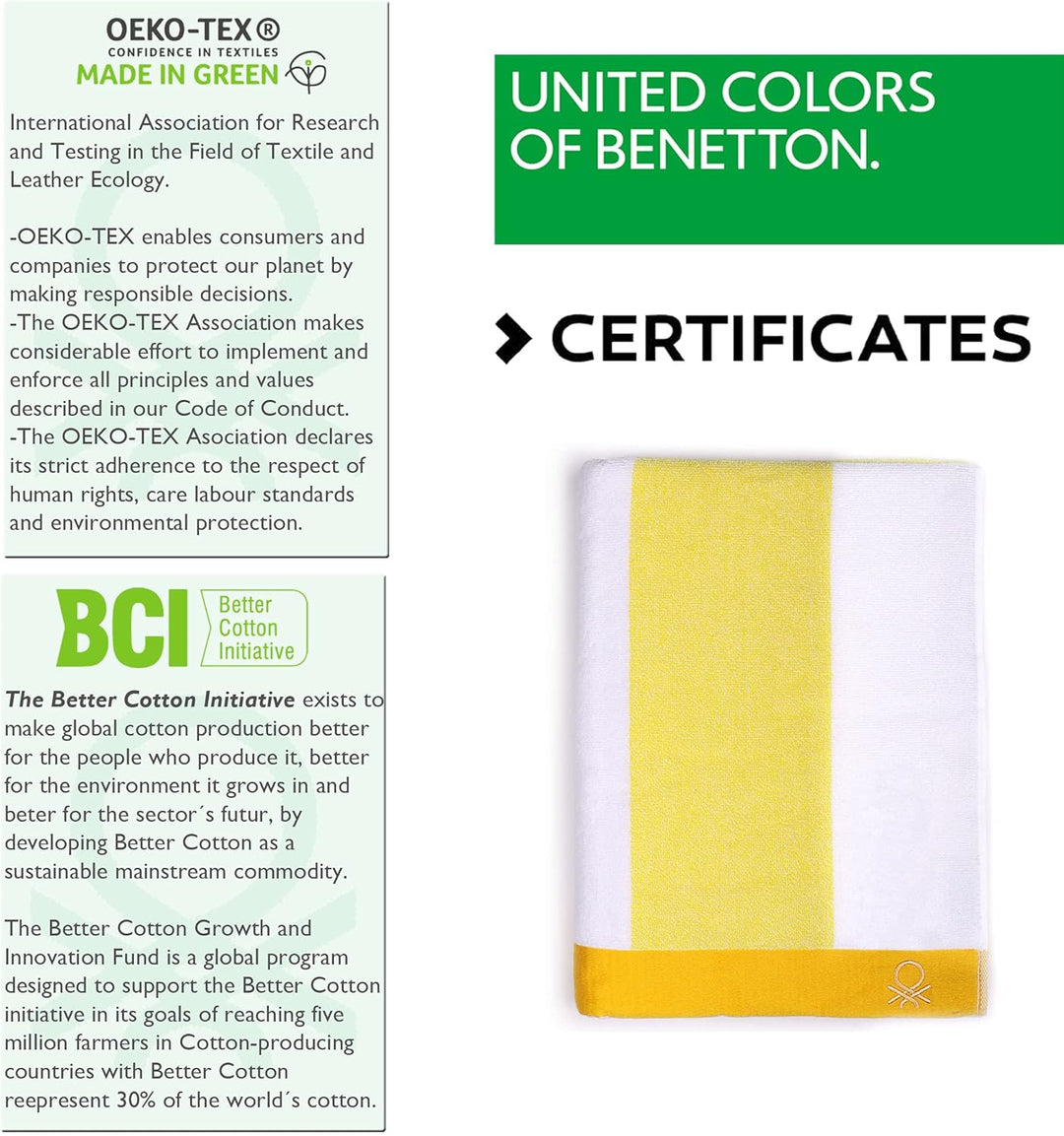 United Colours of Benefitton Strandtuch, 90 x 160 cm, 450 g/m², Frottee, 100% Baumwolle, Grün + Gelb