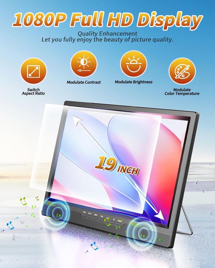 DESOBRY 19-Zoll Fernseher, 1080P Kleiner Fernseher DVB-T2-Tuner mit Antenne, Wiederaufladbarer TV HD