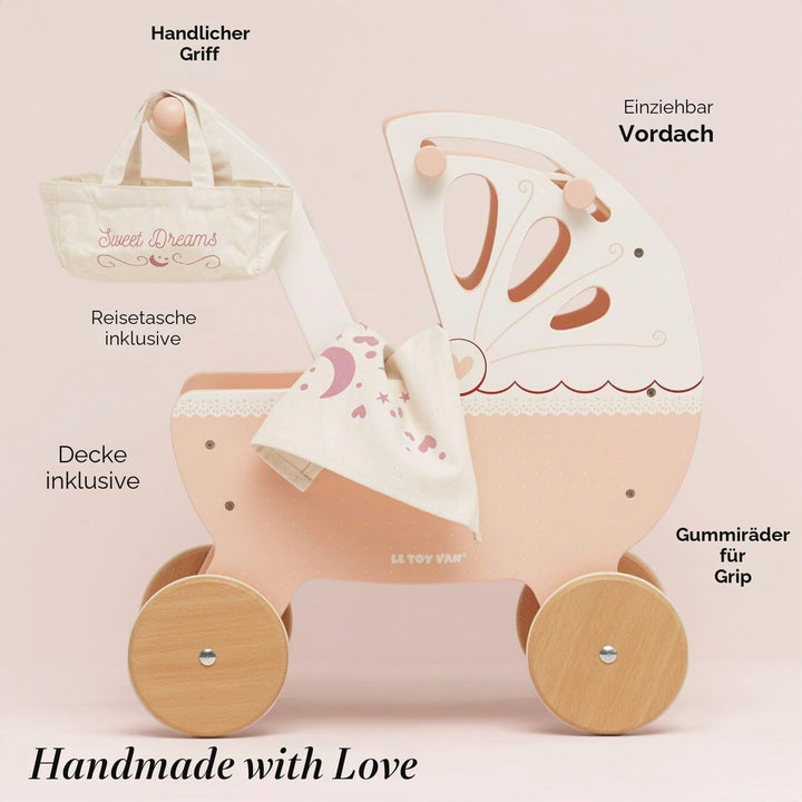 Le Toy Van – Pädagogisches Rollenspiel schöner Puppenkinderwagen „Süsse Träume“ aus Holz | Für Mädch