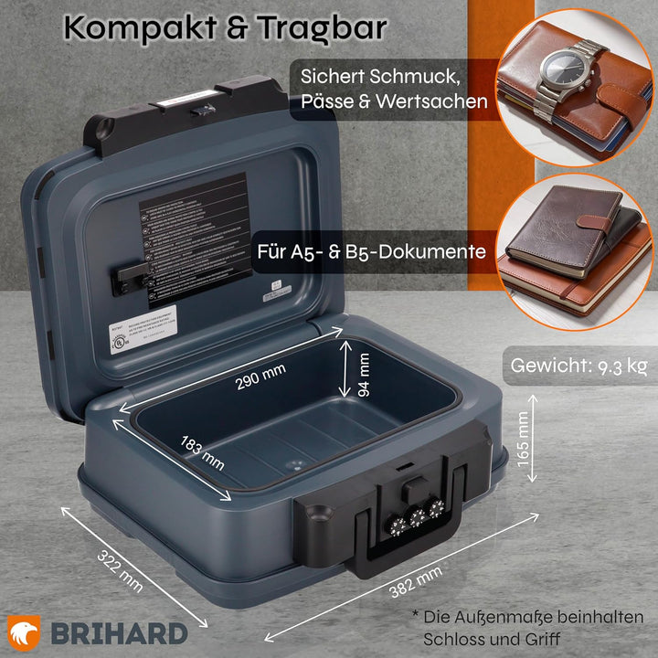 Brihard zertifizierte Dokumentenkassette 2117N, A5 - wasserdichte & feuerfeste Dokumentenbox mit Zah