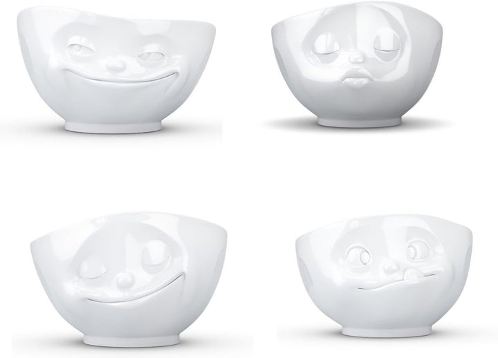 FIFTYEIGHT PRODUCTS TV Tassen Schalen 4er Set je 500ml : GRINSEND, KÜSSEND, LECKER, GLÜCKLICH